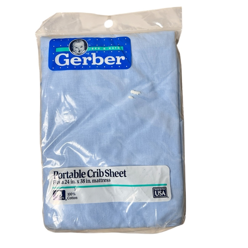 New Vtg Gerber Portable Crib Sheet Blue 100% Cotton Made in USA 1993 24” x‎ 38"